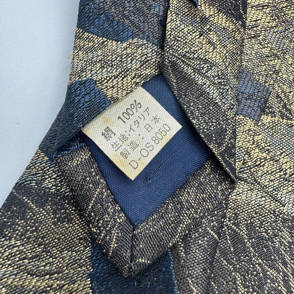 GIANNI VERSACE Tie Navy Gray Silver Brown Geometric Pattern 100%‎ Silk Japan